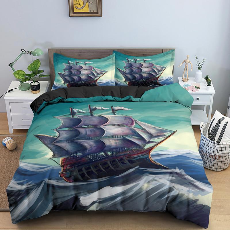 Nautisk Segelbåt Påslakan Queen King Size 3D Oljemålning Båtstil Sängkläder Set Ocean Mjuk 2/3 Delar Polyester Täcke Överdrag