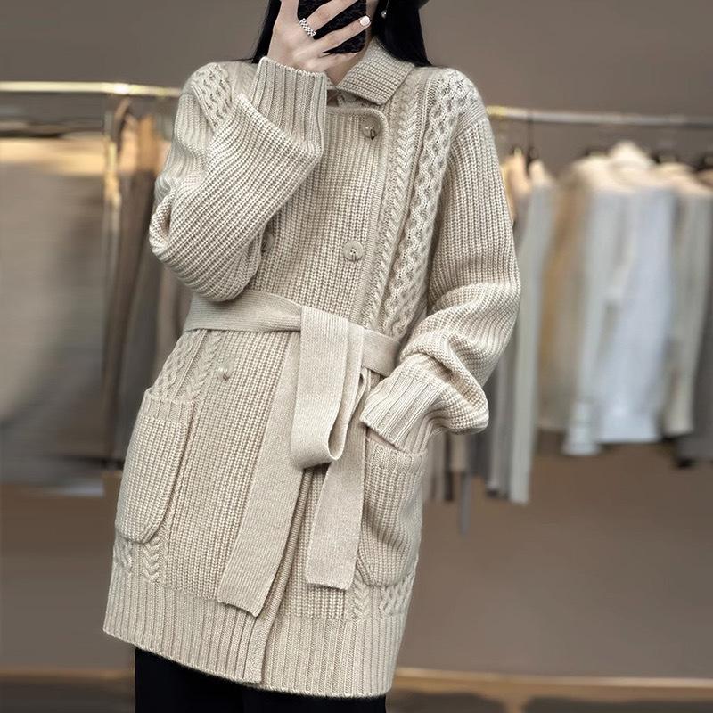 

Women s Elegant Casual Thickened Mid-Length Cardigan Lazy-Style Knit Jacket XXS