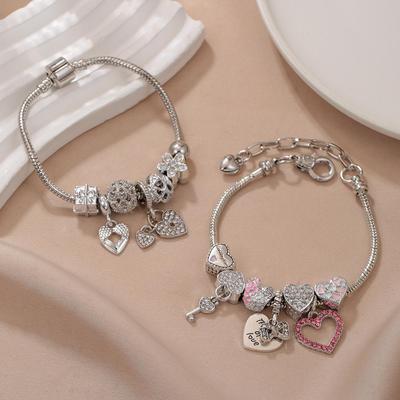 Pans DIY Strass Herz & Schlüsselschloss Perlenarmband für Damen – Modeschmuck Geschenk