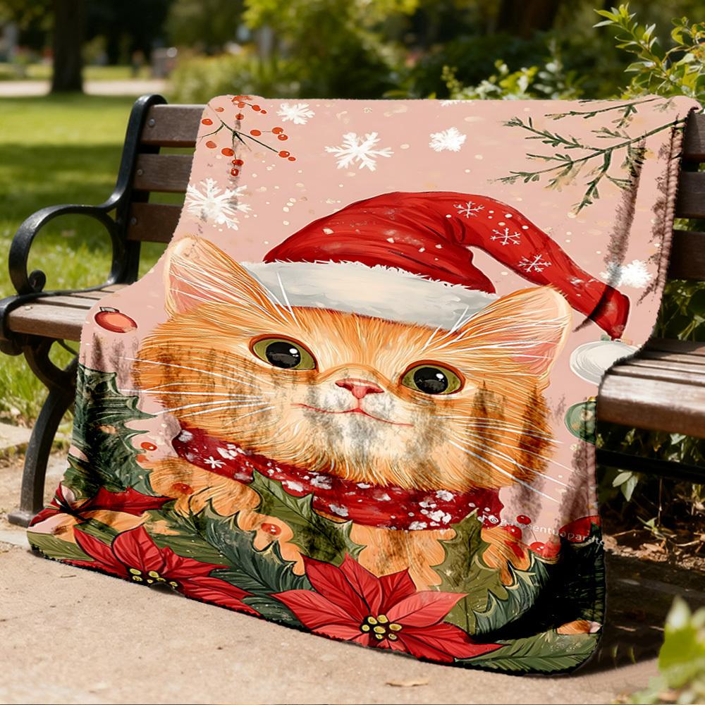 1pc Christmas Cat Decorations Outdoor Flannel Blanket , Machine Washable Perfect Gift for Birthday , Holiday Travel Accessory , Durable Material