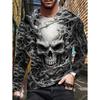 Round Neck 3D Skull Printed Top Casual Long Sleeved Men's T-shirts - Soft Medium Stretch Polyester Fabric Spring and Autumn Relaxed Fit Clothing