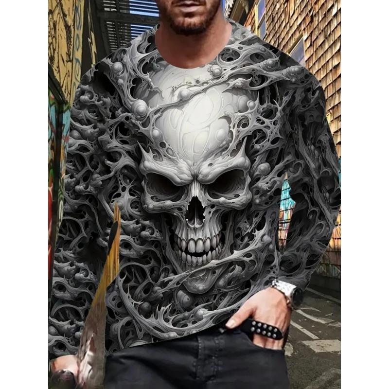 Round Neck 3D Skull Printed Top Casual Long Sleeved Men's T-shirts - Soft Medium Stretch Polyester Fabric Spring and Autumn Relaxed Fit Clothing