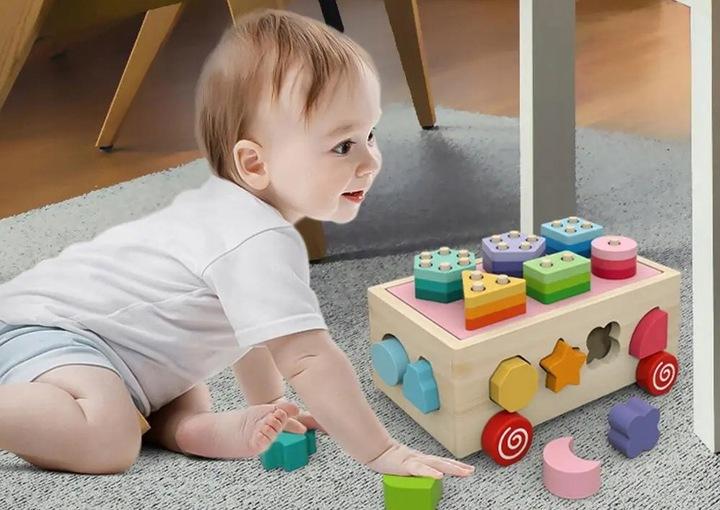 Sorter Kształtów Drewniana Kostka Edukacyjna Na Kółkach Klocki Montessori