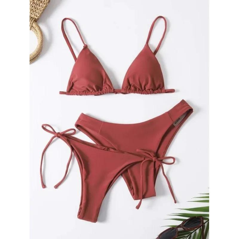 Bikini Sexy 3 Pezzi Donna Monocolore Fascia Divisa Triangolo Costume da Bagno Biquini Brasiliano Femminile Costume da Bagno Estivo per Vacanze in Spiaggia