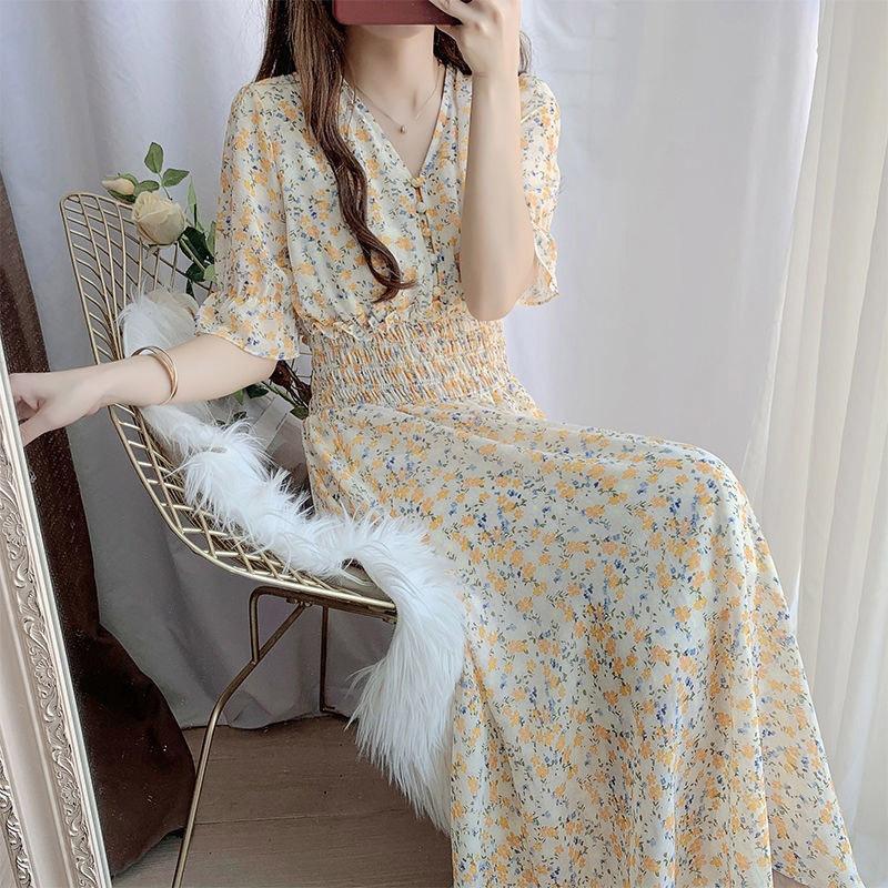 Chiffon floral dress summer dress Korean version waist thin age reduction temperament V-neck fairy skirt short sleeve long skirt