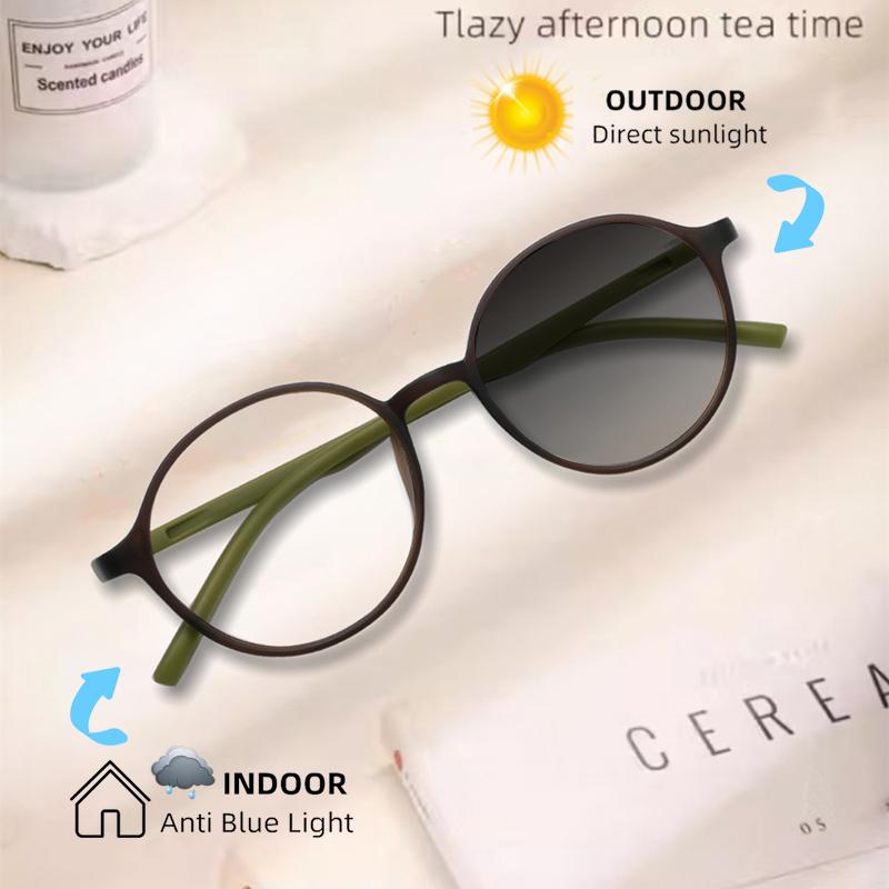 Vintage Round Green Frame Anti Blue Light Photochromic Reading Glasses for Men and Women Custom Prescription Eyewear
