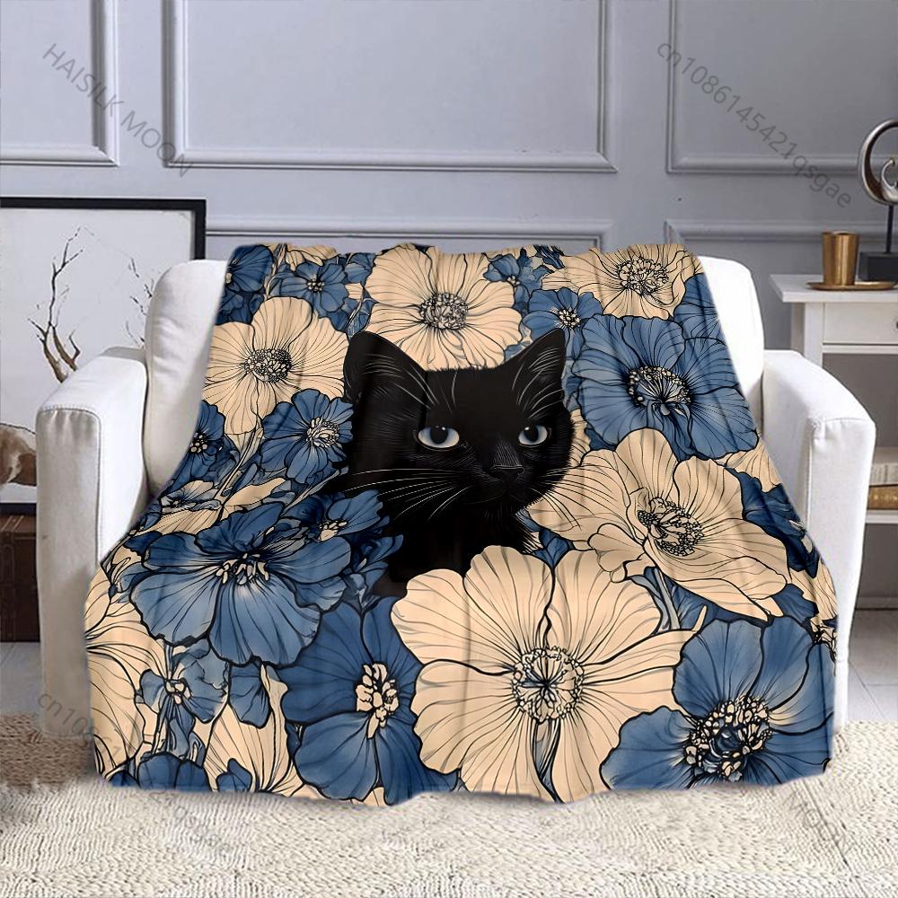 

Vintage Black Cat and Flowers Print Blanket Warm Soft Luxury Gifts for Children Adults Suitable for Home Sofa Bed Travel Camping 75x90cm