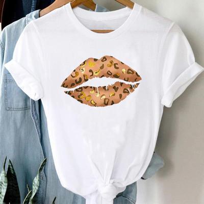 (Tamanho asiático) Camiseta feminina estampada feminina lábios adorável doce tendência fofa top roupa casual manga curta moda camiseta feminina gráfica