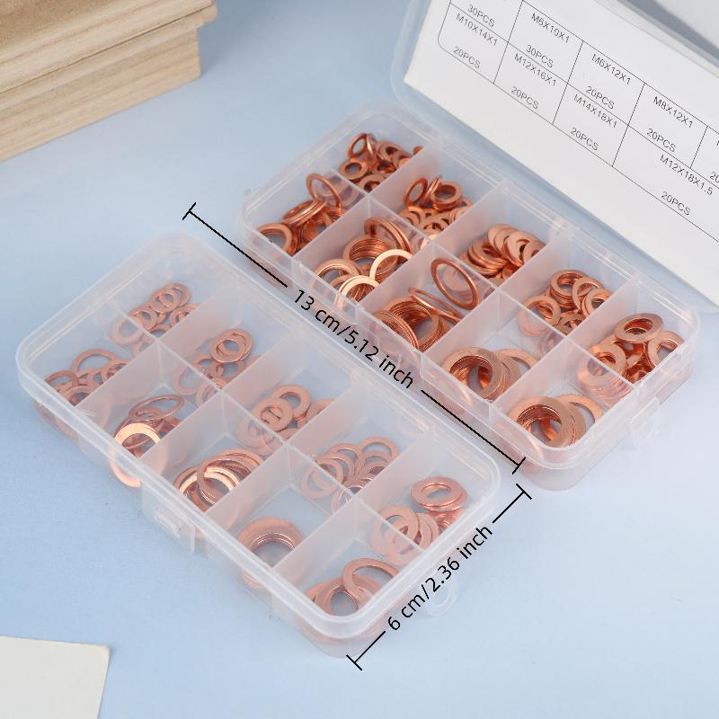 100/200 Stück Kupfer-Unterlegscheiben, Muttern und Schrauben mit Box M4/M5/M6/M8/M10/M12/M14 Dichtungs-Kombinationssatz für Ölablassschrauben