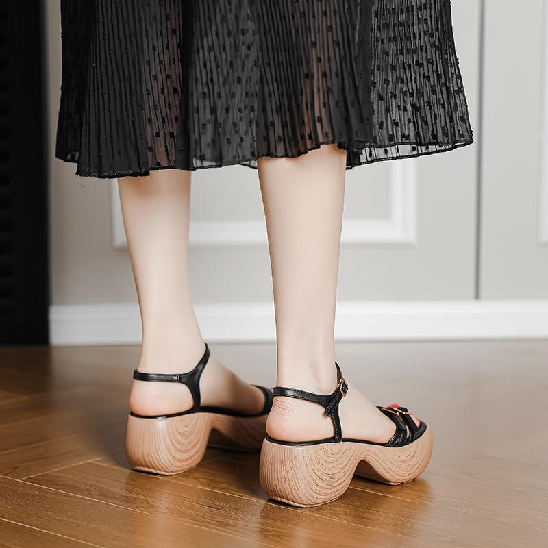 Wood grain heightened platform sandals women's summer new cover toes casual outer wear beach shoes retro Roman cool slippers