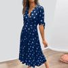 Ladies' Loose Comfortable Casual And Fashionable Summer Deep V-wave Printed Short Sleeved Waist Cinched Dress