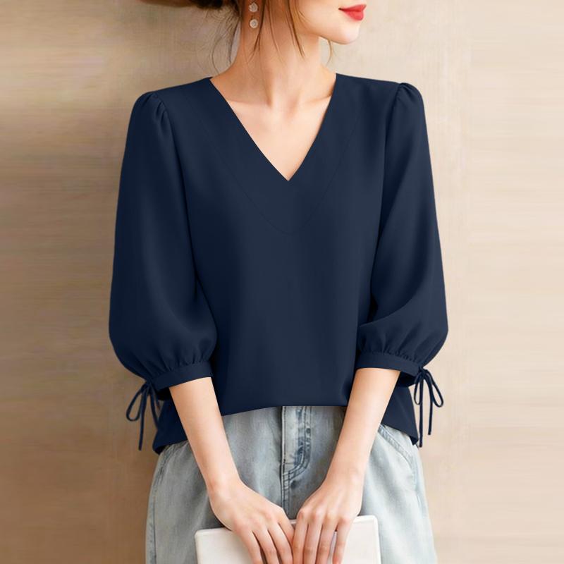 ZANZEA Women Casual V-Neck 3/4 Sleeve Loose Elegant Blouse