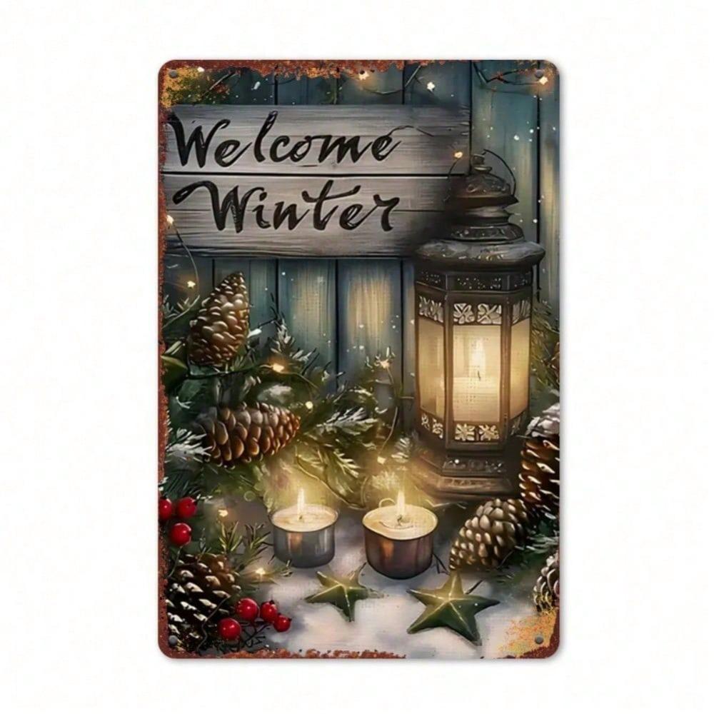 2D Winter Iron Sign Lantern with Candle Design, Christmas New Year Outdoor Garden Decor, 12x8 Inch