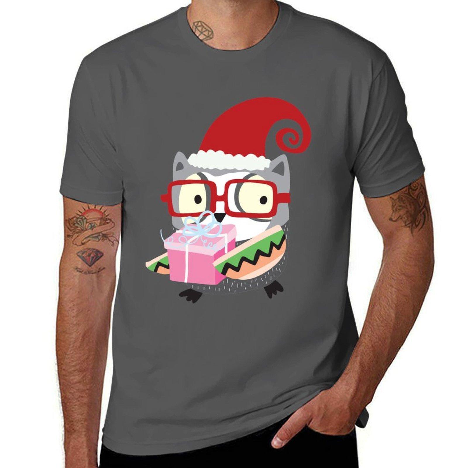 

Christmas Holiday Owl With Gift T-Shirt printed t shirts for man man t shirt heavy cotton t shirt man luxury T-Shirt 4XL