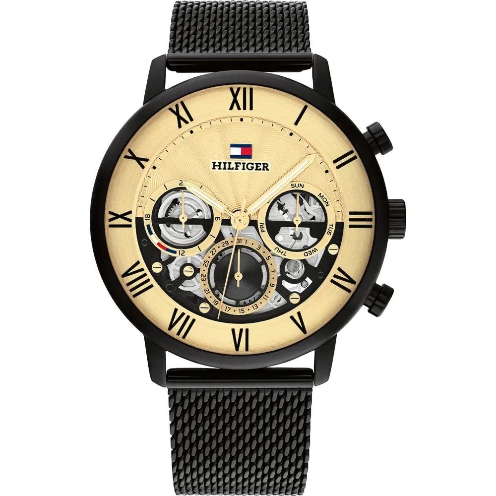 Tommy Hilfiger Men s Skeleton Chronograph Quartz Watch Gold Dial Black Case Black Mesh Strap 1710568 чёрный