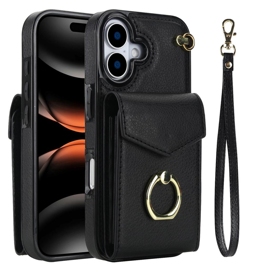 For iPhone 17 Case Leather + TPU Accordion Card Bag Phone Cover with Ring Kickstand