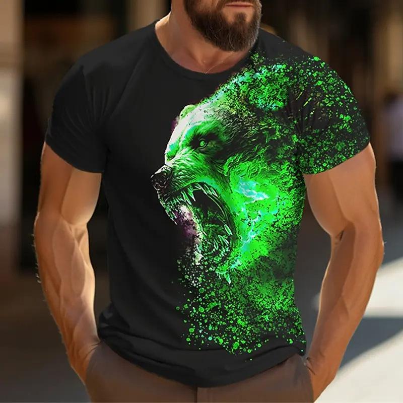 Men's Animal T-shirt Bear Print Short Sleeved Summer Men's Fashion Black Round Neck Short Sleeved Top