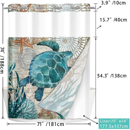 No Hook Blue Shower Curtain with Snap in Liner, Vintage Sea Turtle Bathroom Decor, Waterproof Fabric with See Through Top Window Open Grommet Bath