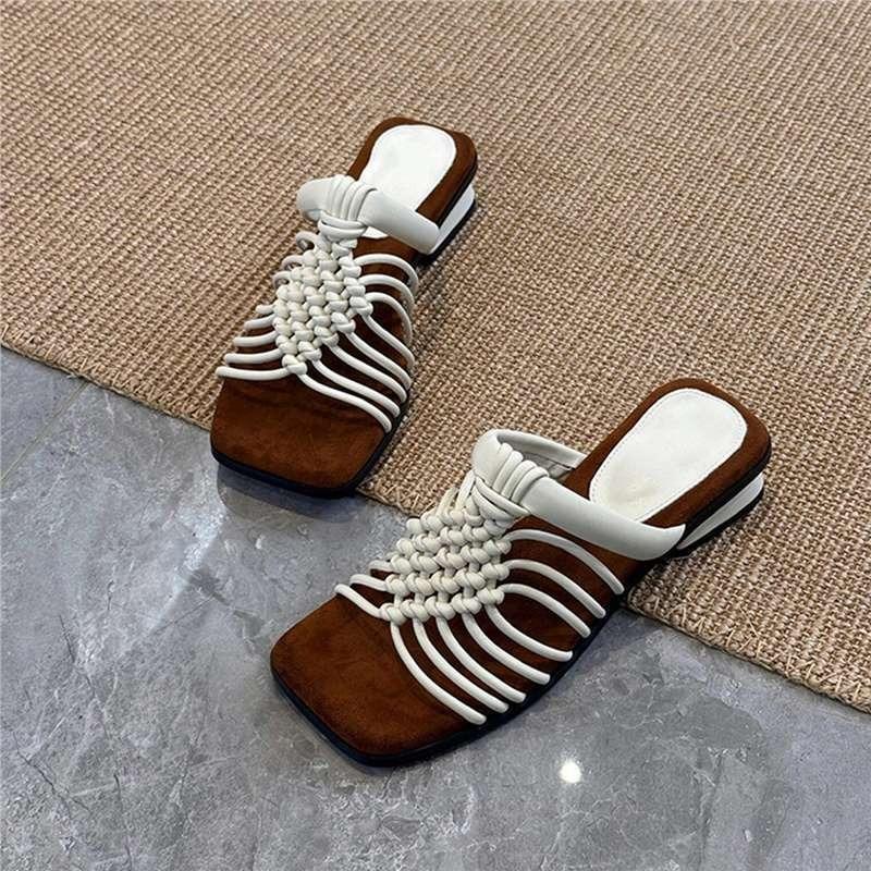 womens Woven Thin Strap Slippers Summer Square Toe Open Toe Cutout Breathable Non-slip Wear-resistant Low Heel Shoes