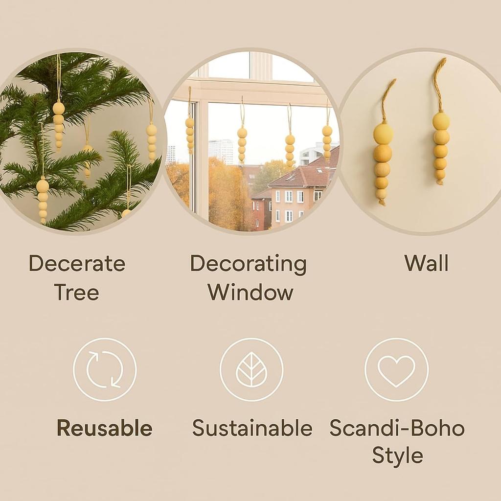 Pack of 5 Wood Bead Christmas Ornament for Decoration Natural Modern Minimalist Xmas Hanging Home Decor Bohemian Holiday Decorations