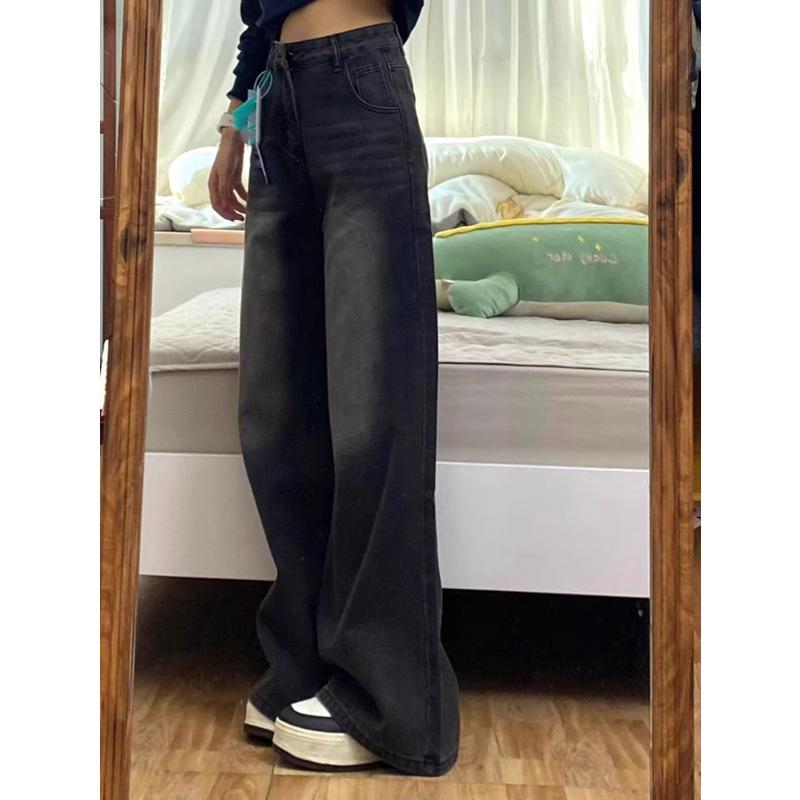 Women's Plus Size High Waist Black Wide Leg Jeans, American Style, Spring/Autumn 2024 Collection