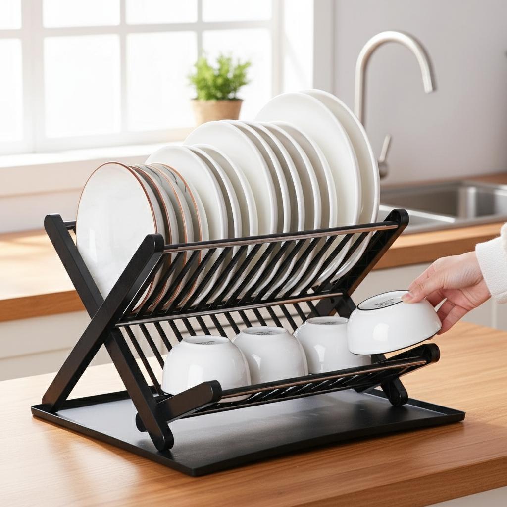 Double Layer Kitchen Dish Rack Foldable No Installation Drainage Storage Utensil Organizer
