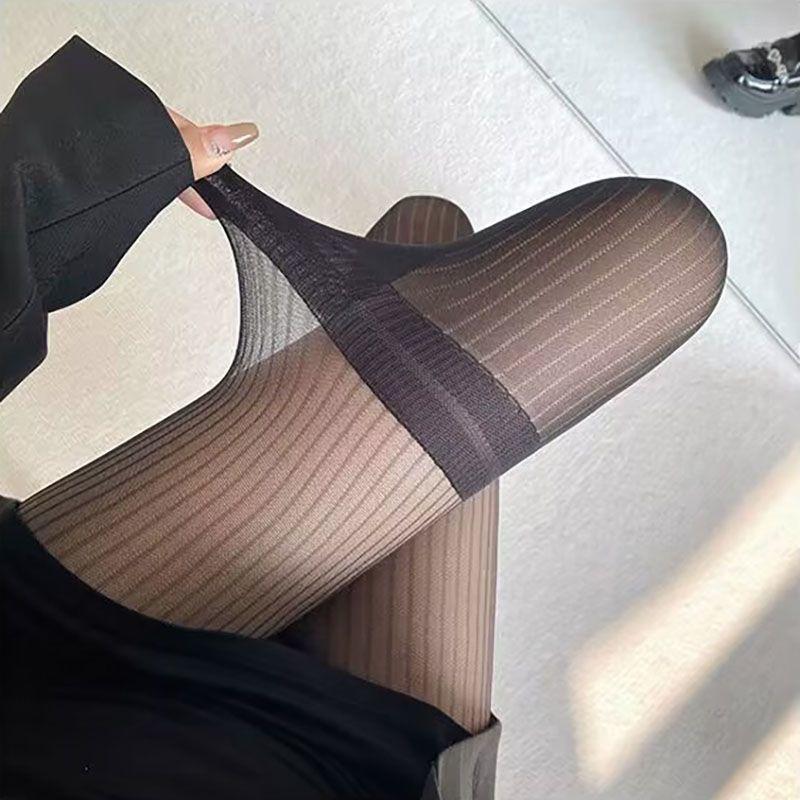 Japanese-style Vertical Stripe Spliced Stockings for Women Summer Thin Style Sweet and Dark Black Silk Sexy Pantyhose
