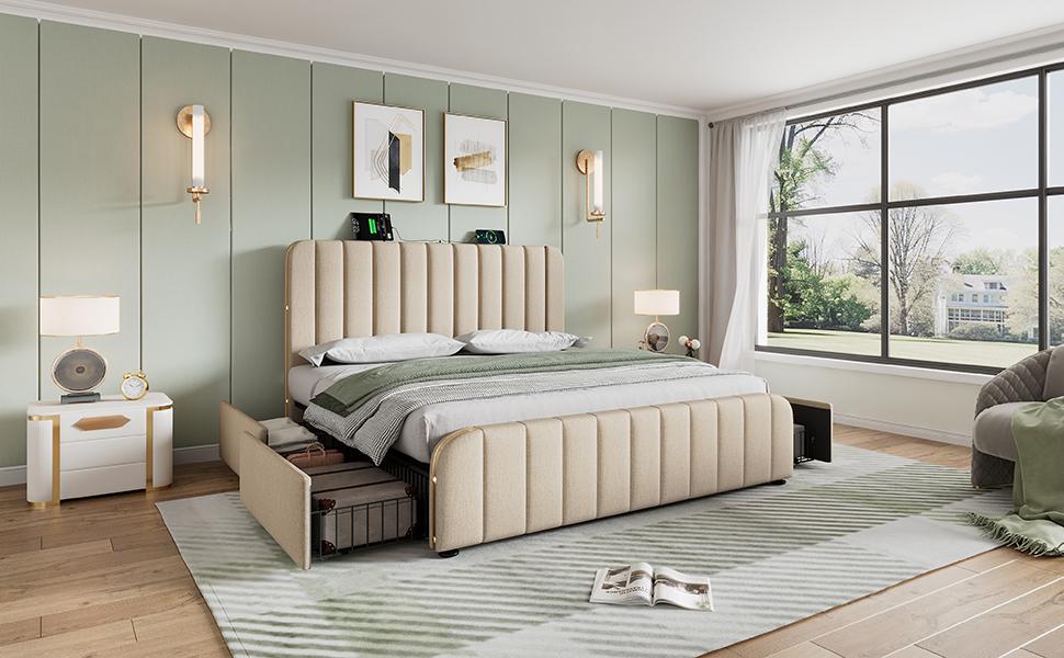Upholstered Bed, Double Headboard, Golden Stripes, USB Type-C Charging 180*200 cm, Beige Linen with 4 Drawers, Capacity 226 kg (Without Mattress)