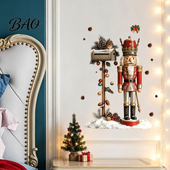 Christmas Atmosphere Wall Decals for Fridge Nutcracker Soldier Decal, Vintage Mailbox Snow Scene Self-Adhesive Party Background Decor Sticker,