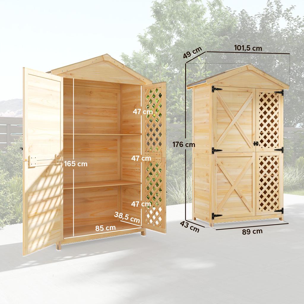 Outdoor Wooden Cabinet With Sloped Asphalt Roof 2 Doors With Latch 2 Shelves 101.5x49x176 Cm Natural