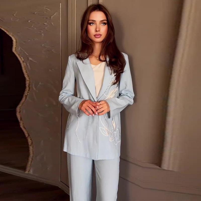 2024 Autumn European & American Elegant Turn-Down Collar Fashion Print Suit Set