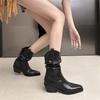 Fashion New Autumn Winter Split Leather Women Boots Fashion Pleated Square Toe Knight Boots for Women Chunky Heel Mid-calf Boots Shoes