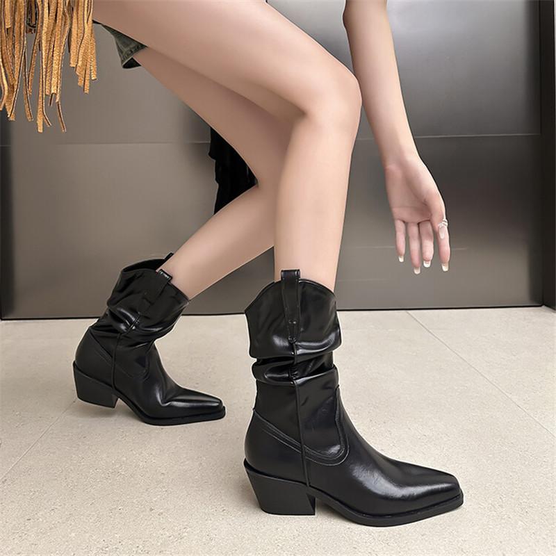 Fashion New Autumn Winter Split Leather Women Boots Fashion Pleated Square Toe Knight Boots for Women Chunky Heel Mid-calf Boots Shoes