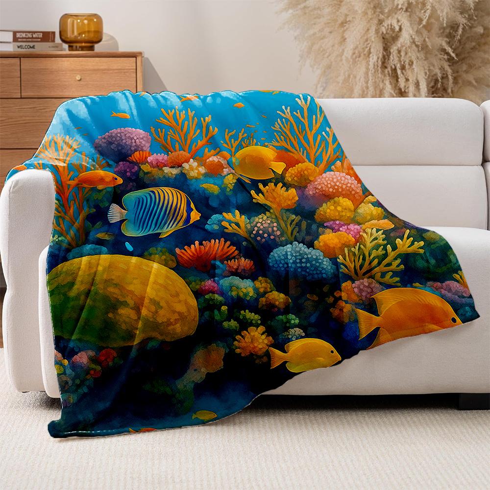 1pc Turquoise Blue Coral & Fish Fleece Blanket - Plush Thick Quilted-like Texture, Soft Warm All-Season Bedspread with Sea Life