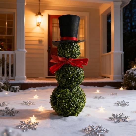 Christmas Snowman Topiary Artificial Snowman Shaped Topiary Tree with Bow And Hat Outdoor Boxwood Topiary with Stake for Home Porch Decor