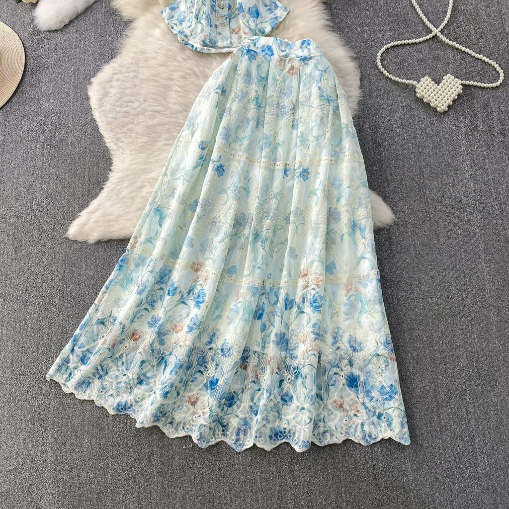 Elegant 2 Piece Set Women Summer Spring Floral Print Embroidery Prom Evening Party Long Dress Suits Crop Top Skirts Suits