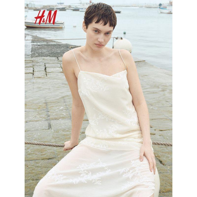 

HM Women clothes Collarless Dress 2025 Summer New Embroidery Sling Square Collar Slim fit Temperament Long dress 1289336 Cream 165/96(M)