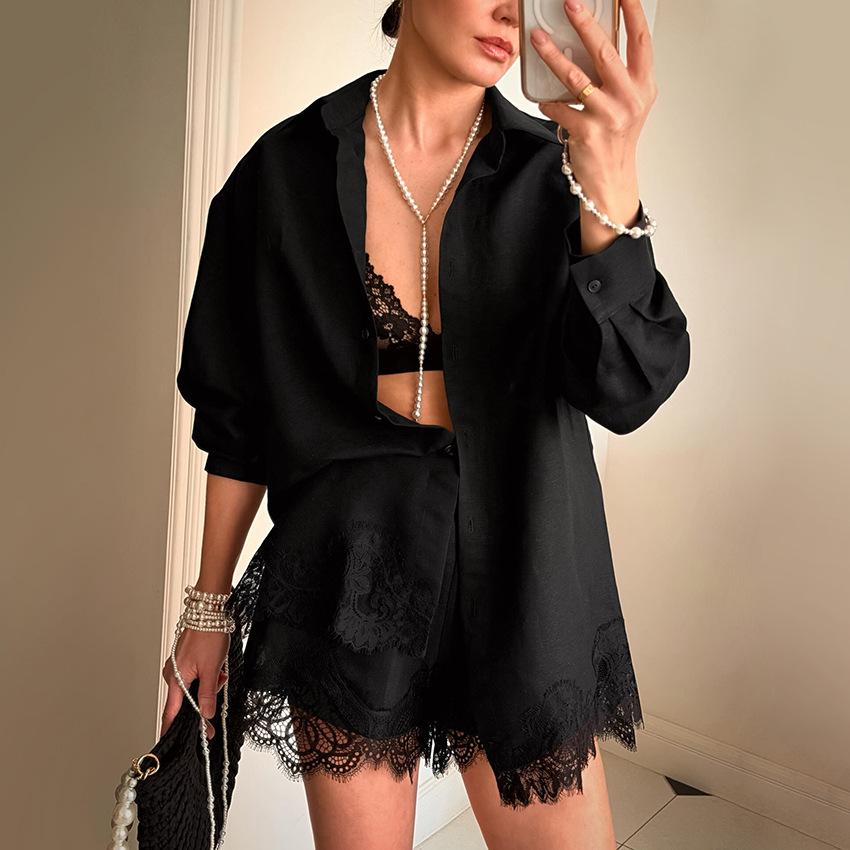 Lace Splice Long Sleeve Shirt Design Sense 2026 Spring/summer New Set Loose Top Cardigan Shorts Two-piece Set
