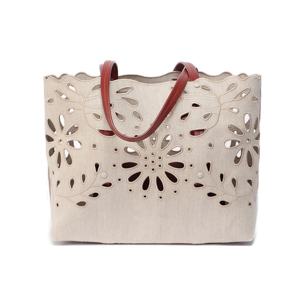 New Chloe Bright Calfskin With Linen Tote Bag, Shopping Bag, Handbag Large Women's Khaki CHC22-SS493G23-27S