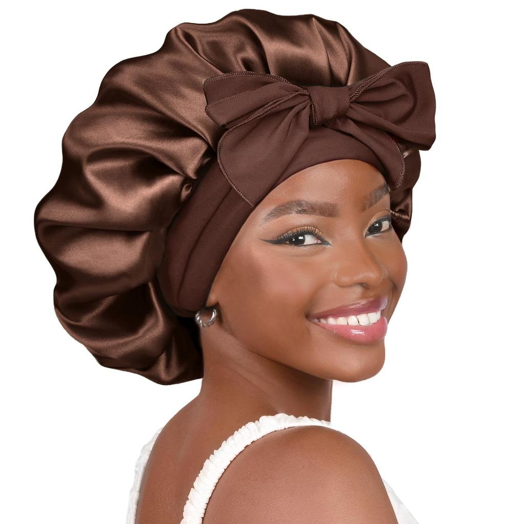 Double Layer Satin Streamer Round Hat Bowknot Imitation Silk Beauty Hair Care Wide Brim Hat Women Headscarf Sleep Cap