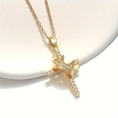 1 Pezzo Ciondolo Corona Croce di Lusso Intarsiato Zirconia Sintetica Collana con Ciondolo Corona Croce Catena Regalo per Accessori Quotidiani da Donna