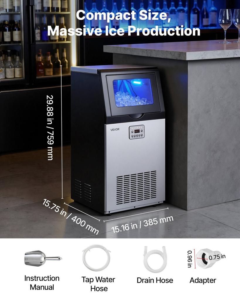 Commercial Ice Maker Machine, 45 Kg/24h with 14 Kg Storage Capacity, Built-in/Freestanding/Under Counter, Stainless Steel Ice Maker with LED Display &