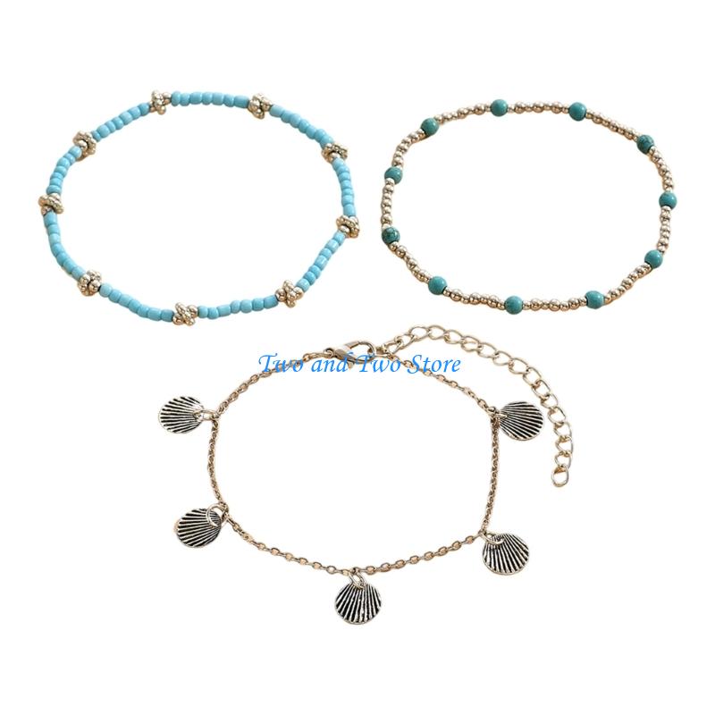 HX6F Adjustable Shell Pendant Anklet With Iron Glass Beads Portable Beach Jewelry White