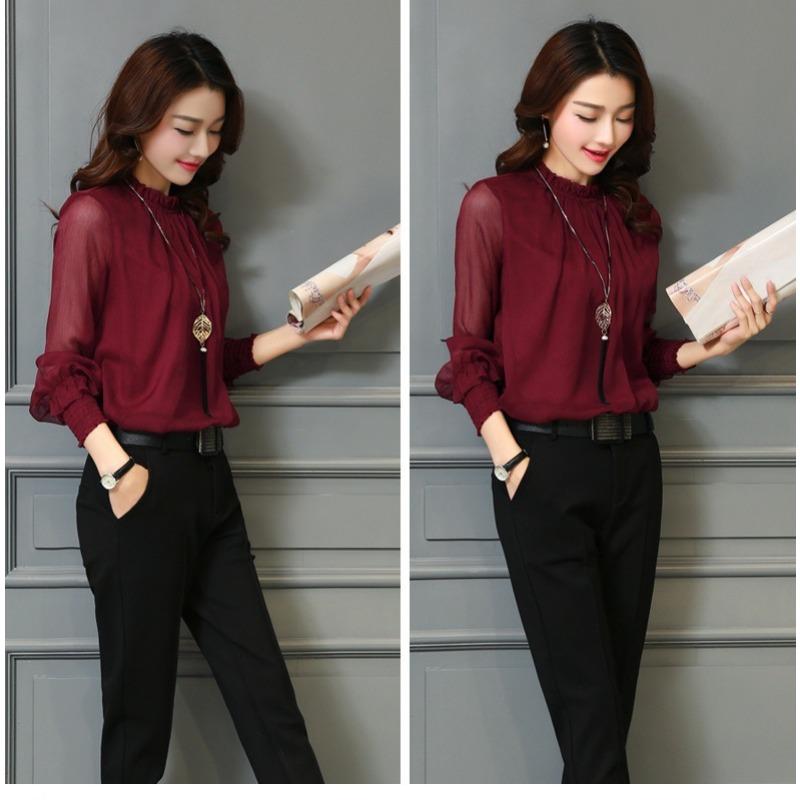 Spring New Lace Chiffon Shirt Women's Mesh Ruffled Stand Collar Long Sleeve Shirt Top