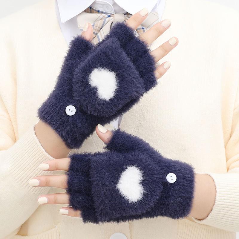 Newcomer Special: Women's Faux Mink Plush Flip Gloves with Love Heart Design, Half-Finger Style for Autumn/Winter Warmth