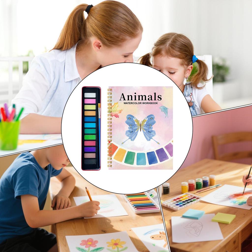 Watercolor Workbook Beginner-Friendly with 12-Color Paints & Brush Adults Water Color Painting Book for Art Exercises Journaling