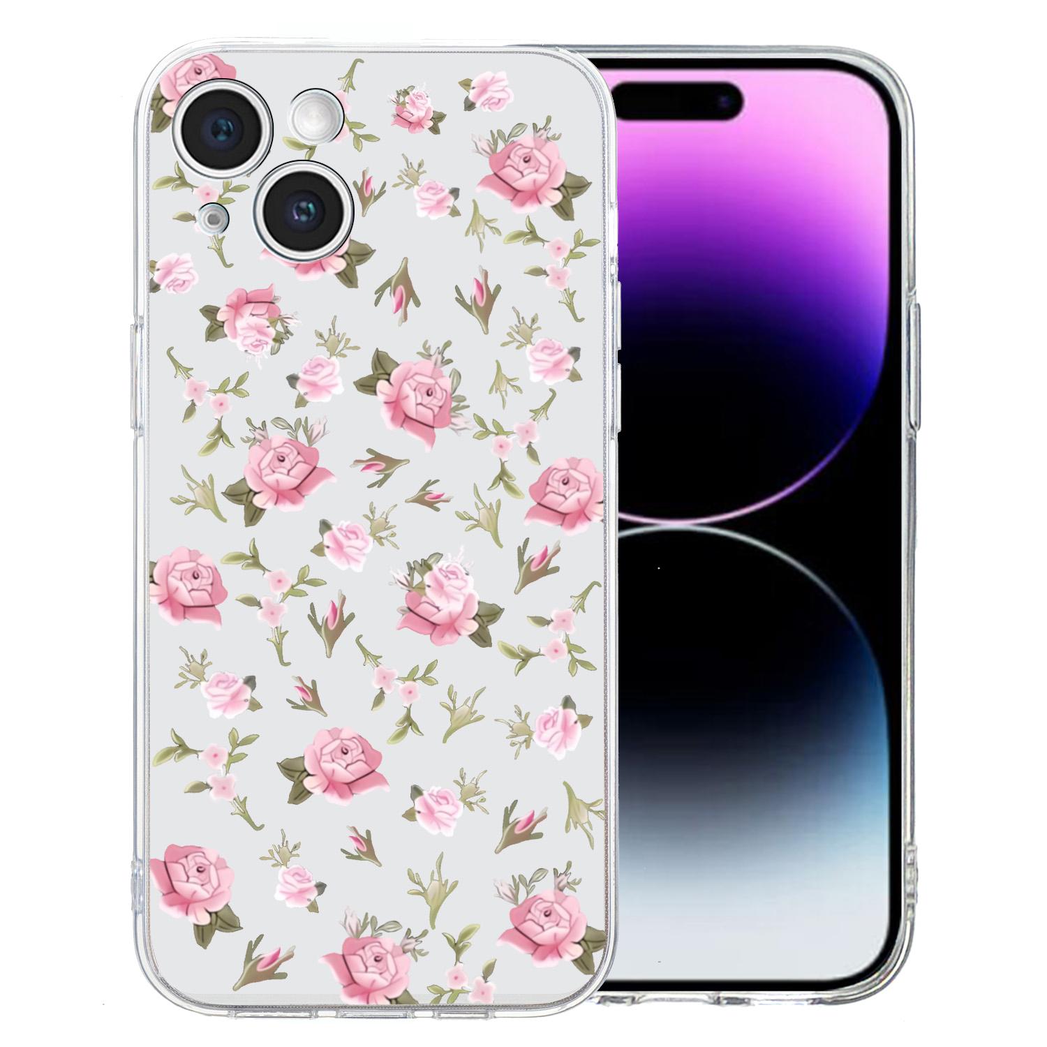 

For iPhone 15 Plus Slim Case Pattern Printing Soft TPU Phone Cover Pink Flower