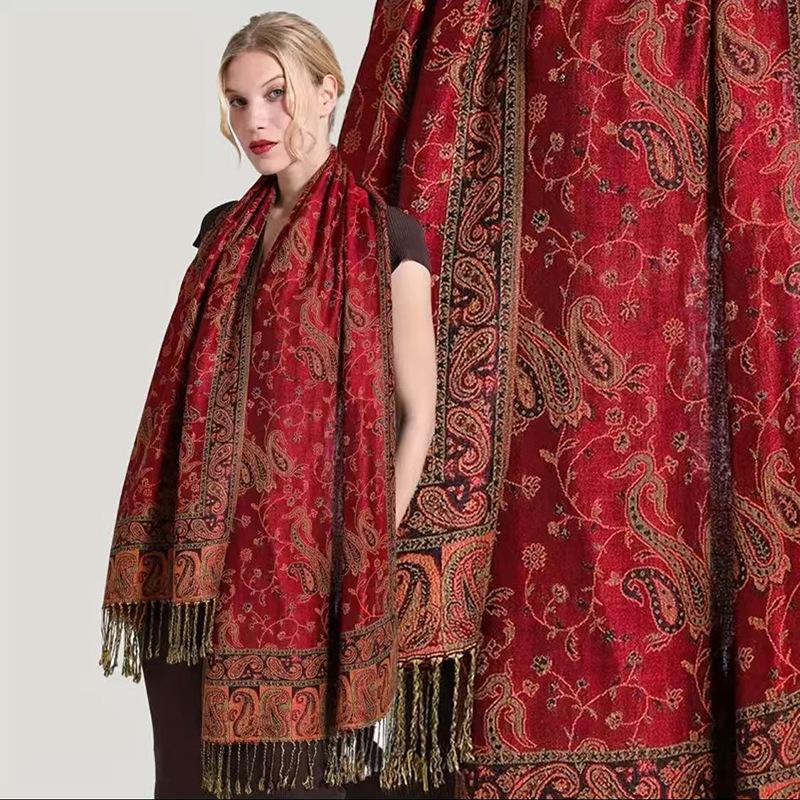 Headscarf Autumn and winter ethnic style retro fringed shawl cashew flower jacquard women s head scarf 190CM