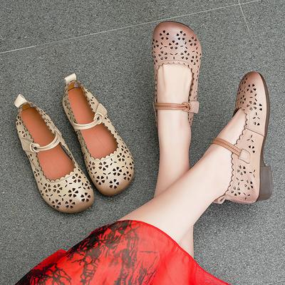 Damenschuhe Sommer Retro Ethno-Stil Aushöhlen Atmungsaktive Rindsleder Höhlenschuhe Weiche Sohle Lederschuhe