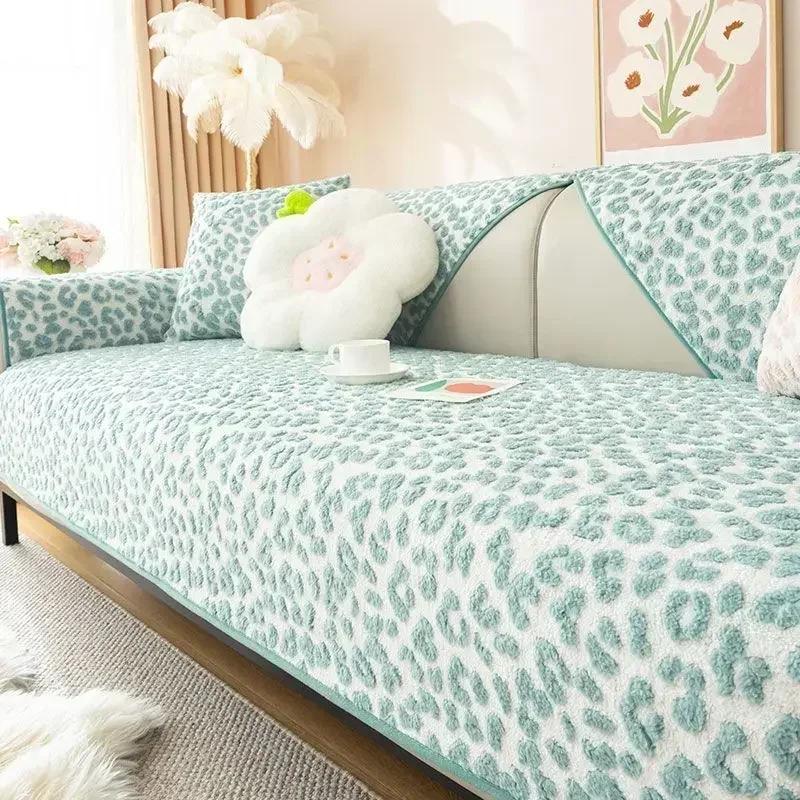 Plush Leopard Print Sofa Cushion Winter Thick Anti Slip Sofa Towel Pillowcase High End L-shaped Sofa Full Coverage Dust Covers